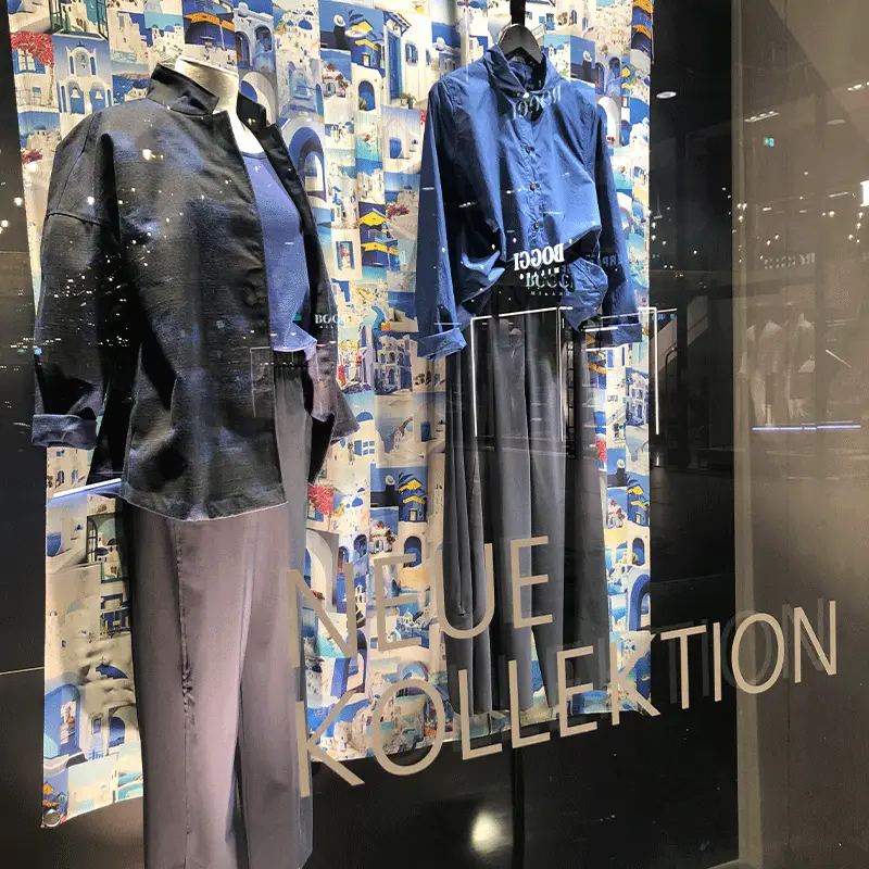 Fashion display featuring blue clothing collection.