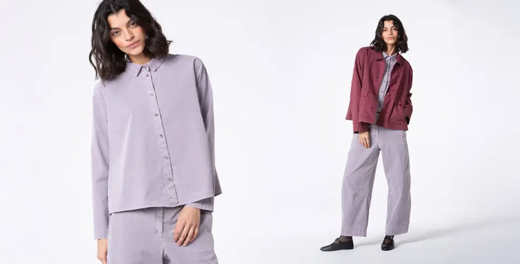 Model showcasing stylish layered outfits in pastel hues.