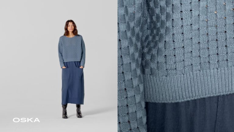 Model wearing a stylish blue knit outfit.